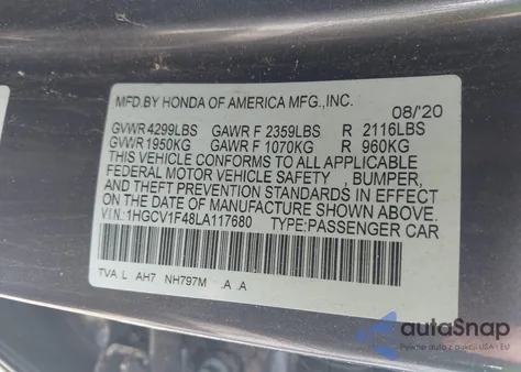 2020 Honda Accord Ex из США, поврежденный, VIN 1HGCV1F48LA117680